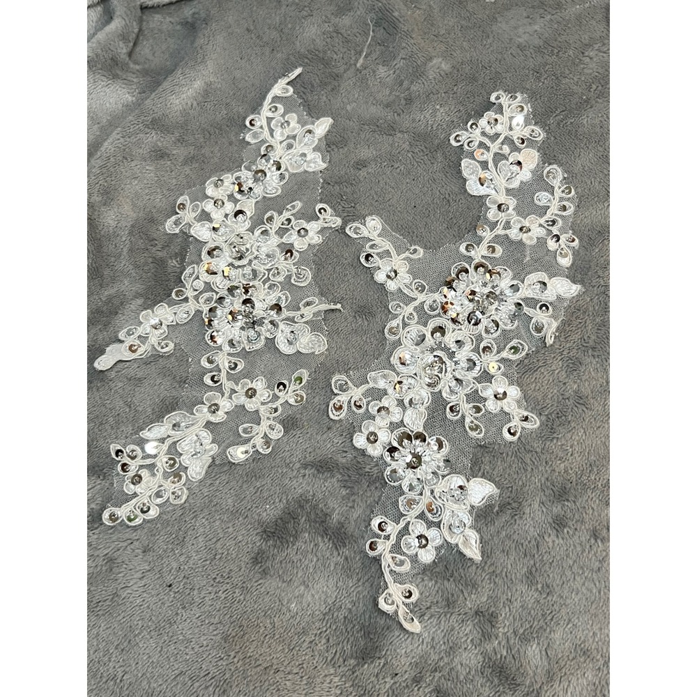 Pair White Floral Lace Appliques Sequin Rhinestone Bridal Gown Trim 11" Wedding